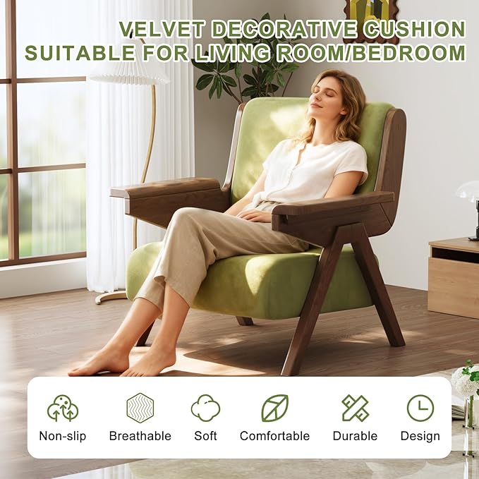 Accent Chair Mid Century Modern Chair, Velvet Upholstered Lounge Arm Chair with Solid Wood, Cozy Reading Chair for Living Room, Bedroom, Balcony (Green, Single Chair)
