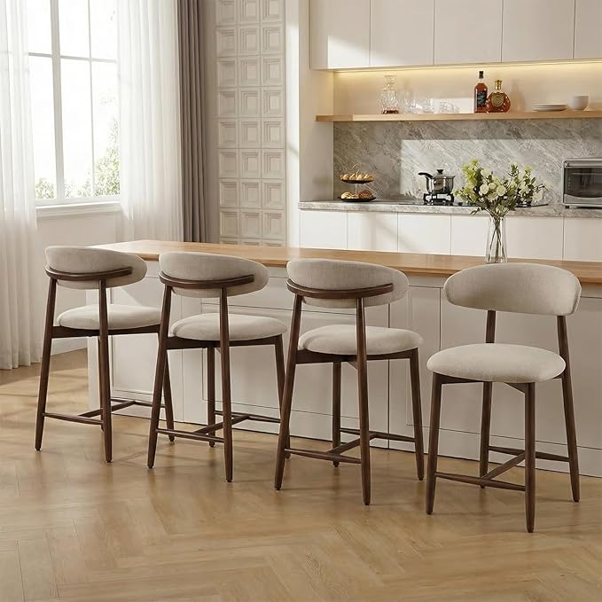 Bar Stools Set of 4, 25.6″ Counter Height Bar Stools with Wood Legs, Upholstered Modern Kitchen Barstools for Kitchen Island Dining Room Bar, Beige