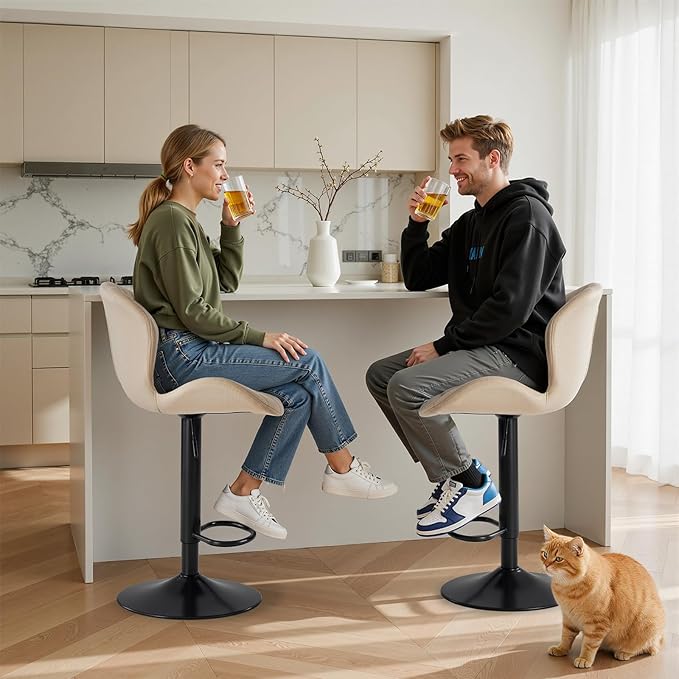 Sweetcrispy Bar Stools Set of 4, Modern Swivel Bar Chairs, Adjustable Fabric Upholstered Barstools Counter Height with Backrest for Bar, Kitchen Island, Dining Room, Beige