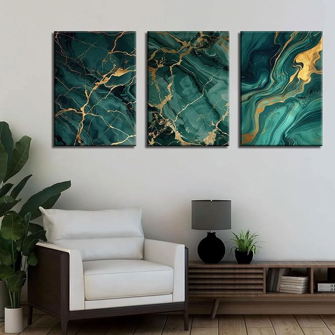 Emerald Green and Gold Canvas Wall Art Set of 3 Abstract Green Gold Marble Fluid Wall Decor Pictures Neutral Modern Minimalist Posters Prints for Living Room Bedroom Home Decoration 16x24in