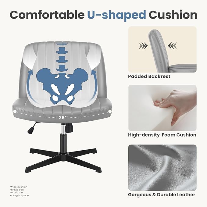 DUMOS Criss Cross Chair Legged Office Chair, Wide Comfy Desk Seat, Armless Computer Task Chairs, Swivel Vanity Home Chair No Wheels,Height Adjustable