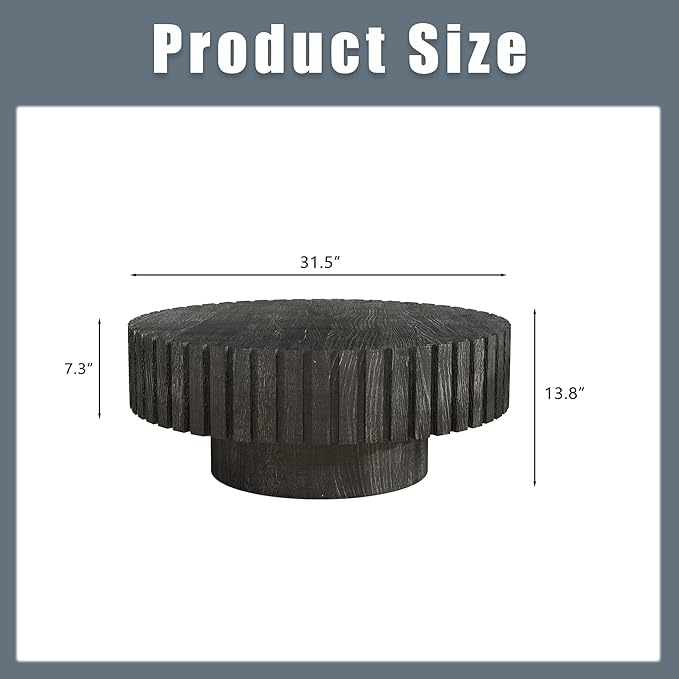 Round Wood Coffee Table for Living Room Modern Rustic Fluted Solid Wood Coffee Table Pedestal Center Table Circle Tea Tables for Apartment Easy Assembly(31.5''Antique Black)