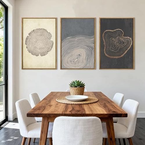 Anyzal Extra Large Neutral Tree Ring Framed Wall Art 24x36 Inch Modern Wood Ring Canvas Wall Decor Modern Minimalist Wood Artwork Set of 3 for Living Room Bedroom Dining Room