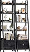 Furologee Bookshelf Set of 2, 6-Tier Ladder Shelf, Ladder Bookshelf with Drawer, Set of 2 Bookshelves, Wood Metal Freestanding Storage Shelf for Living Room, Home Office, Bedroom, Kitchen,Black Oak