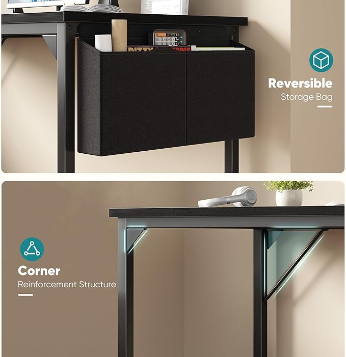 OLIXIS Computer Desk 63 Inch Home Office Desks for Small Spaces, Gaming Writing Study Work Table with Storage Bag and Headphone Hook for Bedroom, Black