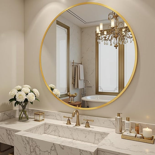 Antok 30 Inch Round Mirror for Wall, Round Bathroom Mirror, Circle Wall Mirrors with Gold Metal Frame, Circle Mirrors Suitable for Wall, Bathroom, Vanity, Living Room, Entryway