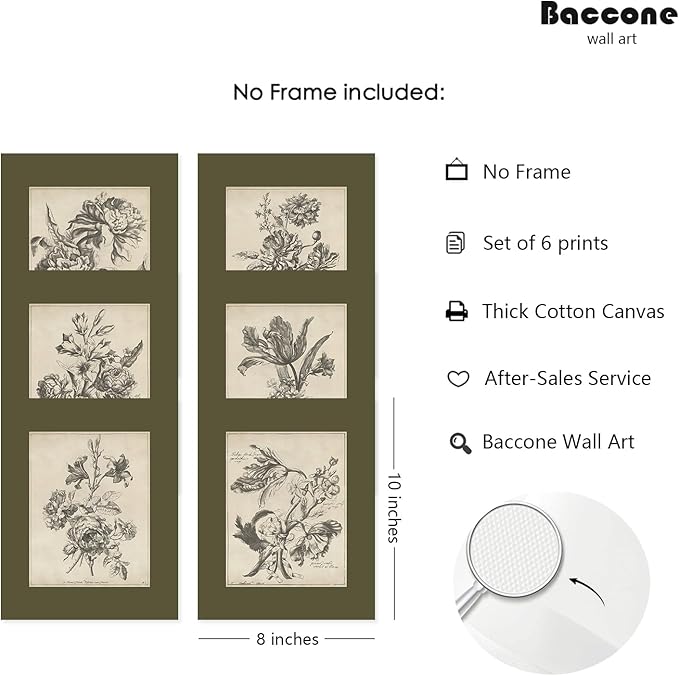 Vintage Floral Wall Art Sketch Flower Prints Antique Botanical Canvas Wall Art Decor Vintage Etchings Floral Poster Green Botanical Painting Sage Green Artwork for Bedroom 8x10x6 Inch Unframed