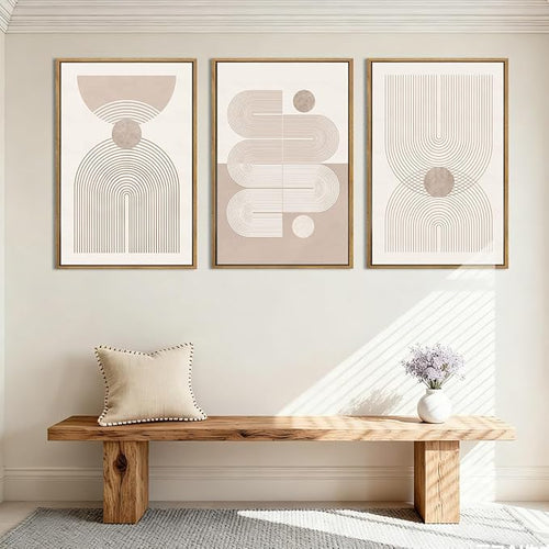 Anyzal Large Boho Framed Wall Art 16x24 Inch Beige Neutral Minimalist Canvas Pink Abstract Modern Geometric Artwork for Living Room Bedroom Dining room Set of 3