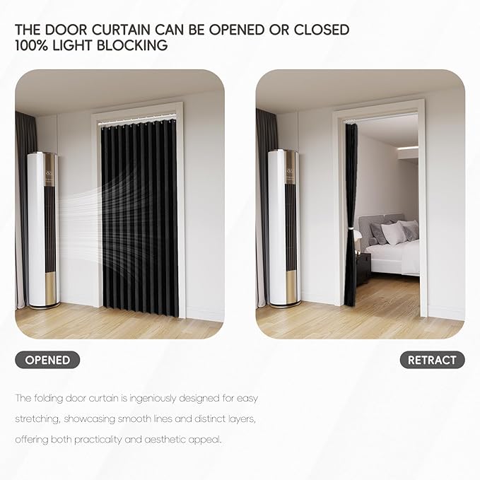 Jilron Accordian Door Curtain, 100% Blackout Folding Magnetic Doorway Curtains,Linen Style Closet Doors,for Room Divider,Privacy Protection（W52 x L78,Black,1 Panel）