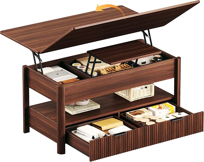 HUAHUU 40" Lift Top Coffee Table, 4 in 1 Square Coffee Table with Storage Shelf & 2 Drawers, Modern Coffee Tables with Lift Tabletop, Converts to Dining Table for Living Room, Home Office, Walnut