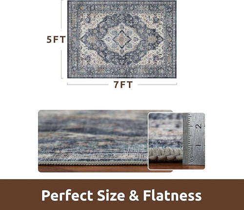 AMOAMI-Area Rug 5X7 Rugs for Living Room-Vintage Soft Blue Rugs for Bedroom-Non Slip Carpet-Machine Washable Rug for Dining Room Living Room Bedroom Office Under Table