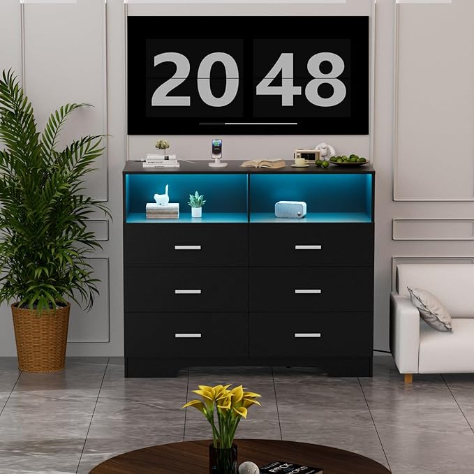 FJTJBSI Dresser with Power Outlets and LED Lights Wooden 6 Drawer Dresser with Large Organizer Tall Black Drawer for Bedroom Modern Chest of Drawers Closet for Living Room Kids Room
