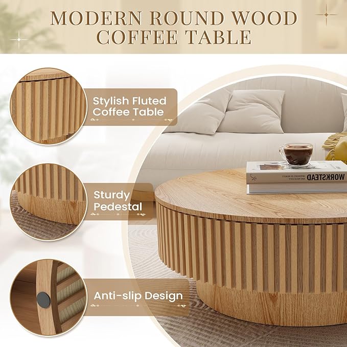 39.37'' Round Coffee Table with Storage, Modern Fluted Circle Coffee Table Unique Drum Low Center Tea Table with Solid Wood Veneered for Living Room, Mesas De Centro para Sala, Natural