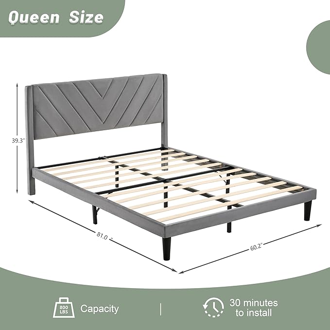 Queen Bed Frame with Headboard, Bed Frame Queen Size with Sturdy Wooden Slats Support, Platform Bed Frame with Velvet Upholstered Headboard, Mattress Foundation, Easy Assembly, No Box Spring Needed