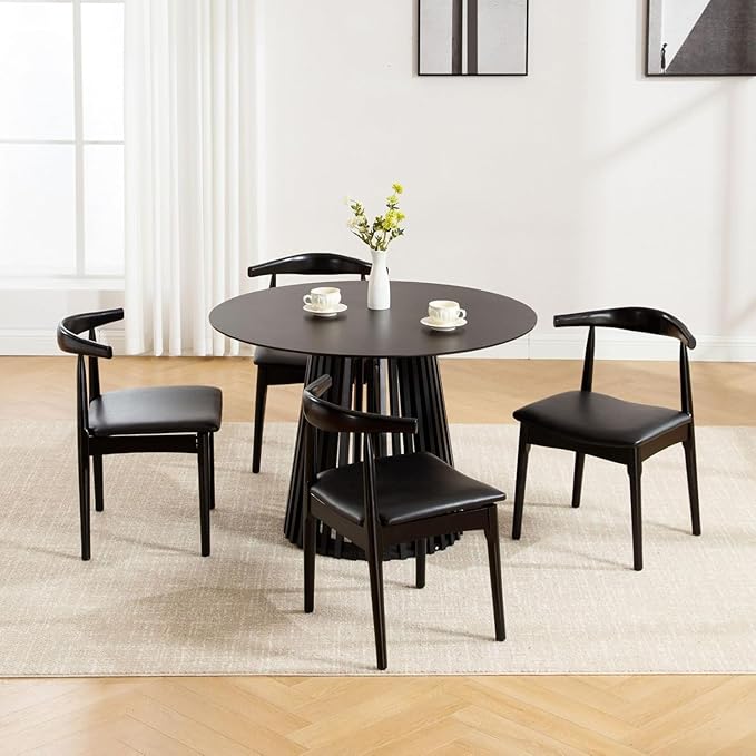 ROCITY Black Dining Chairs Set of 2 Leather Kitchen Chairs with Wood Legs and Barrel Backs, Mid Century Modern Dining Room Chairs