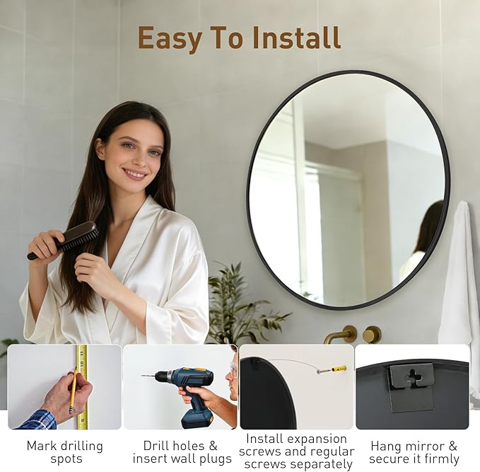 NEWBULIG 30 Inch Round Wall Mirror, Bathroom Mirror for Over Sink, Matte Metal Framed Circle Vanity Mirror, Wall Decor for Bedroom, Entryway, Anti-Rust, Tempered Glass, Hanging or Leaning, Black
