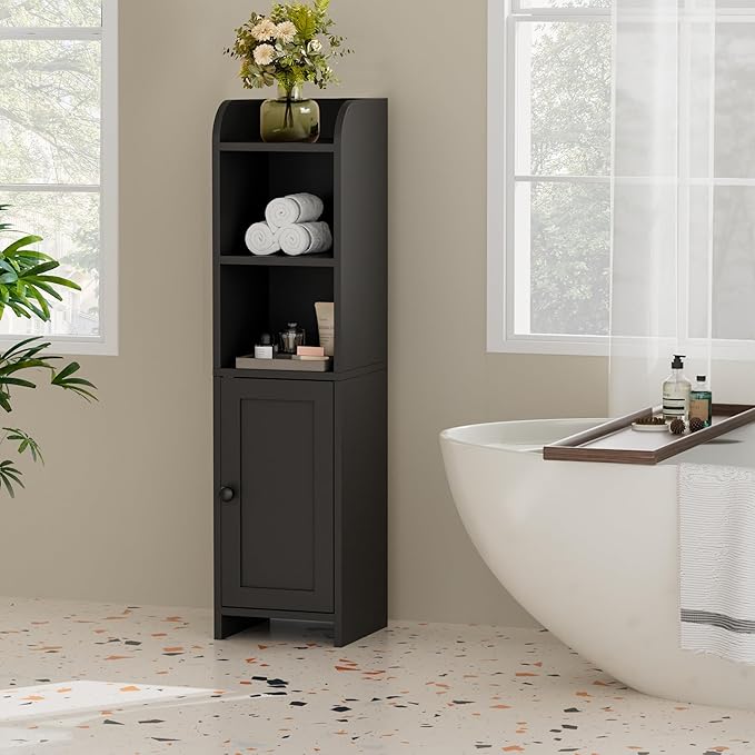 Homhedy Small Bathroom Storage Corner Floor Cabinet with Door and Shelves, Beside The Toilet Paper Stand for Skinny, Narrow Toilet Paper Cabinet, 7.9" D x 7.1" W x 31" H, Black