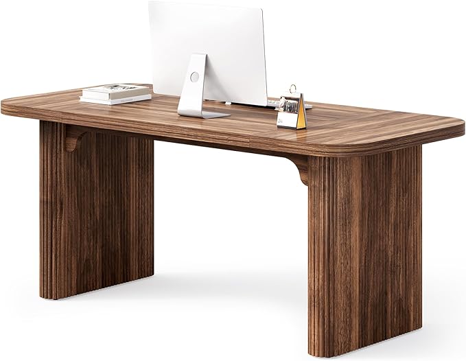 LITTLE TREE 62-Inch Computer Desk, Large Simple Writing Desk with Fluted Doube Pedestal, Modern Home Office Desk, Wooden 5 Ft Small Conference Meeting Seminar Table, Dark Walnut