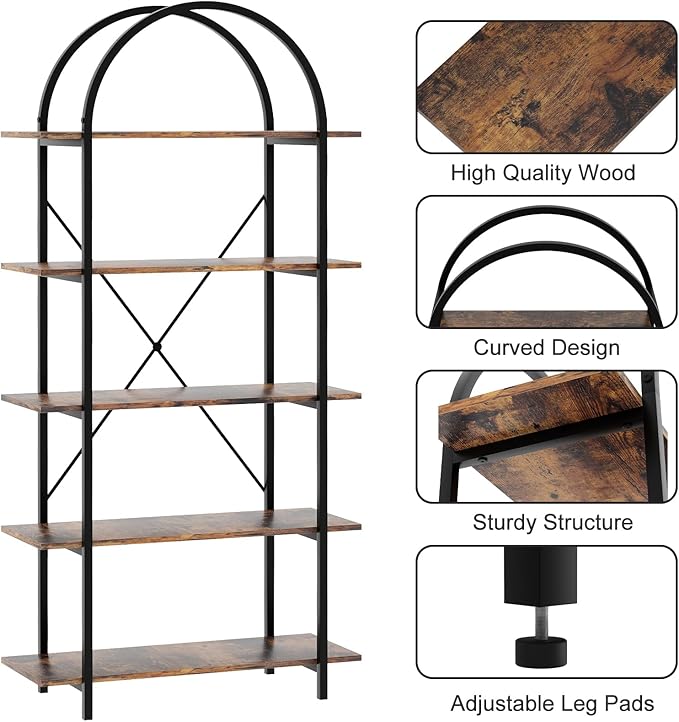 Arbuxzuy Arched Bookshelf 5 Tier Book Shelf, 31.5 Inch Width Industrial Arch Bookcase, Curved Tall Bookshelf with Open Shelves for Home Office, Living Room, Bedroom, Rustic Brown