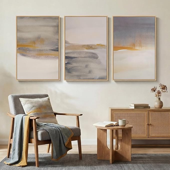 Framed Large Neutral Abstract Wall Art, Set of 3 Canvas Modern Prints Paintings, Minimalist Landscape Beige Gray Picture Artwork Decor for Living Room Bedroom Office 24x36 Inch