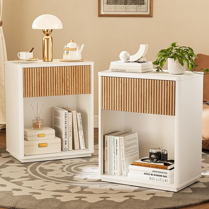 Modern Fluted Nightstand Set of 2 for Bedroom, Mid Century Bedside Table with Drawer & Open Shelf, Wood End Table, Farmhouse Night Stand for Home, Hallway, Office, White