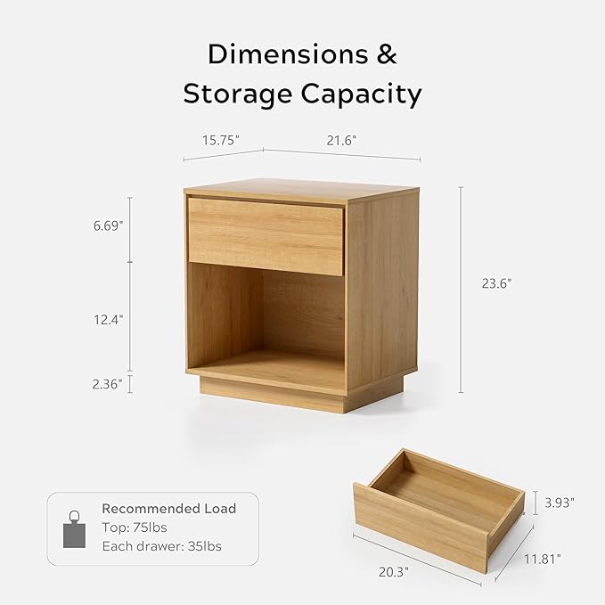 EYYTHUNG Modern End Side Table Set of 2, Wood Nightstand with Storage and Open Shelf, Farmhouse Boho Bedside Table Accent Night Stand for Bedroom, Natural Oak