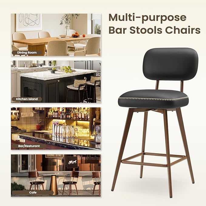 MALOL 26“ Swivel Bar Stools Set of 6, Mid Century PU Leather Counter Height Bar Chairs with Low Back and Metal Legs, Modern Bar Stool Chair for Kitchen Island, Black