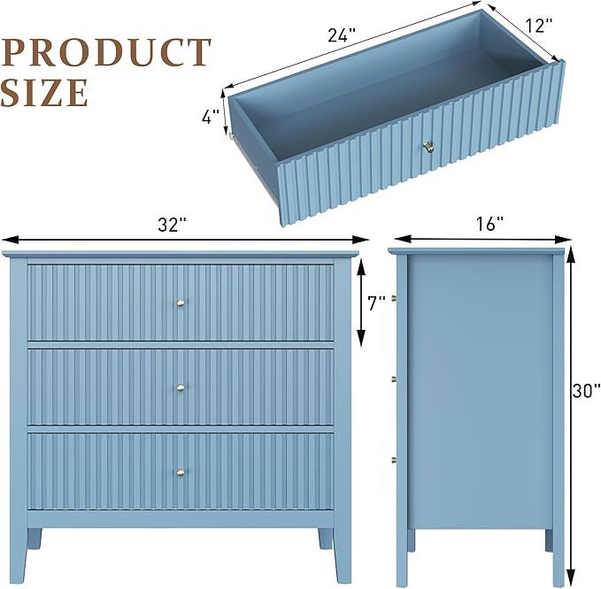 RoyalCraft 32" Large Nightstand, Fluted Painted Wood Bedside Table with 3 Spacious Drawers, Modern End Table for Bedroom, Living Room, Light Blue