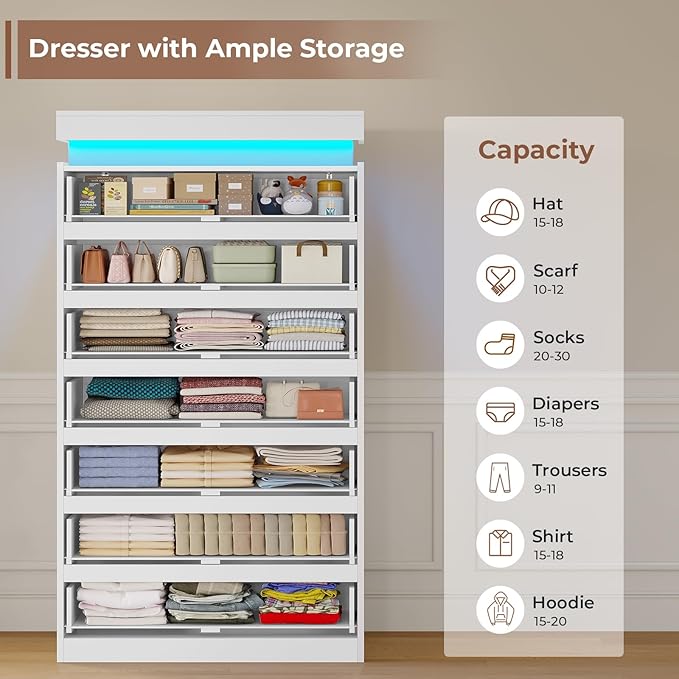 HAUOMS Tall 7 Drawer Dresser with LED Light, White Modern Chest of Drawers for Bedroom,Closet Dressers with Drawers for Living Room, Entryway, Hallway