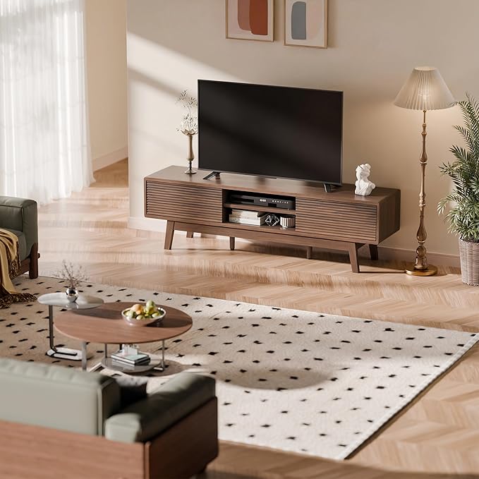 TOLEAD 59" TV Console, Mid Century Modern Media Console for 55/60/65 Inch TV, Low Profile TV Stand with Fluted Sliding Doors, Boho Light Wood Credenza for Living Room, Walnut