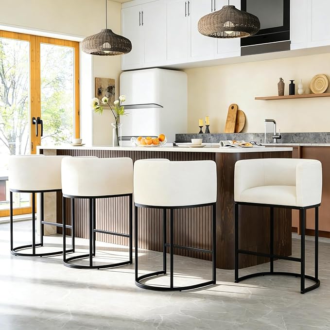 26" H Counter Height Bar Stools Set of 2, Modern Barrel Counter Stools with Backrest and Arms, Linen Fabric Upholstered Accent Barstools for Kitchen Island,Support 450 LBS (White)