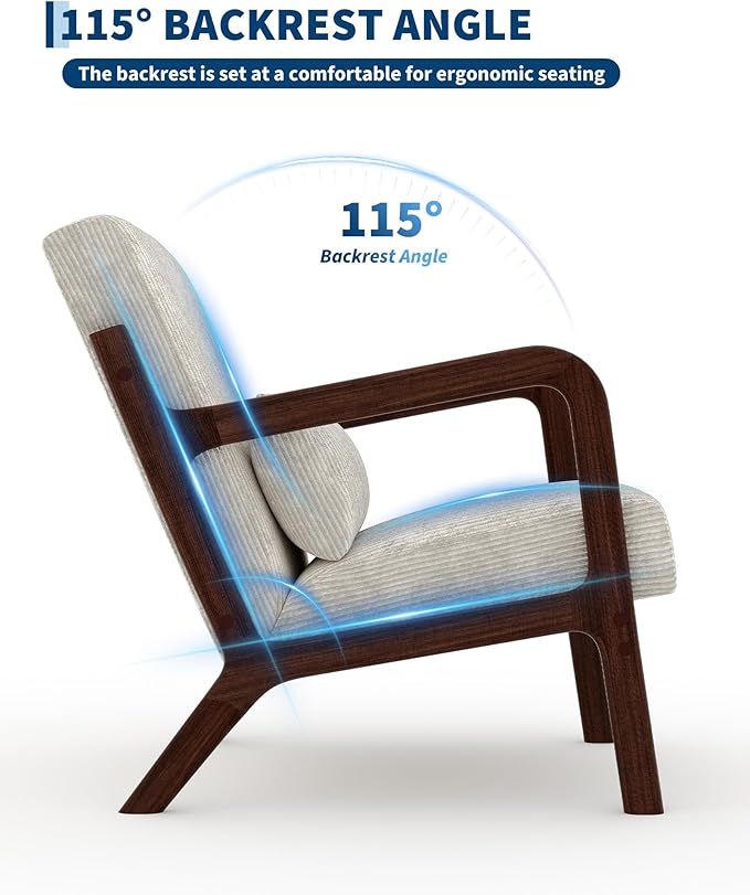 Garvee Mid-Century Modern Accent Chair, Wide-Wale Corduroy Upholstery, Solid Wood Armchair with Removable Lumbar Pillow, Sturdy Reading Chair for Living Room, Bedroom, Guest Room, Easy Assembly, Beige