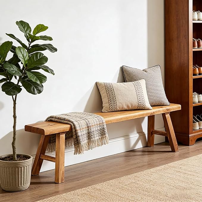 Narrow Entryway Bench Farmhouse Wood End of Bed Bench 20" 32" 39" 47" 55" 63" 71" 79" Sturdy Stable Skinny Long Benchs for Bedroom Hallway Dining Room Porch Easy to Assemble Natural Finish(79")