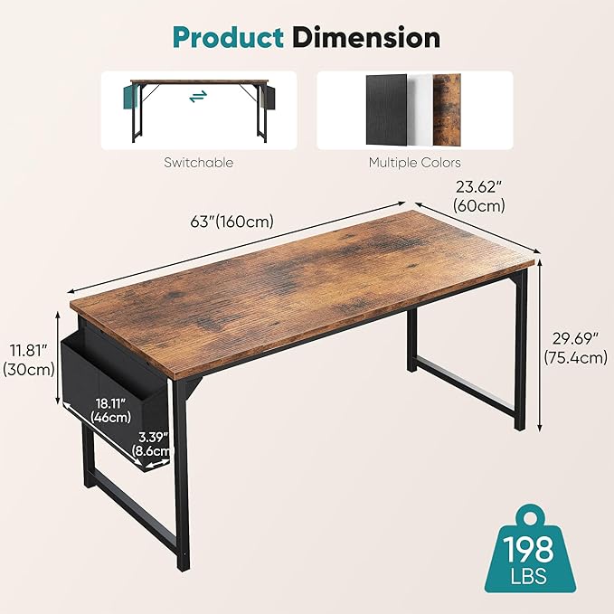 OLIXIS Computer Desk 63 Inch Home Office Desks for Small Spaces, Gaming Writing Study Work Table with Storage Bag and Headphone Hook for Bedroom, Rustic Brown