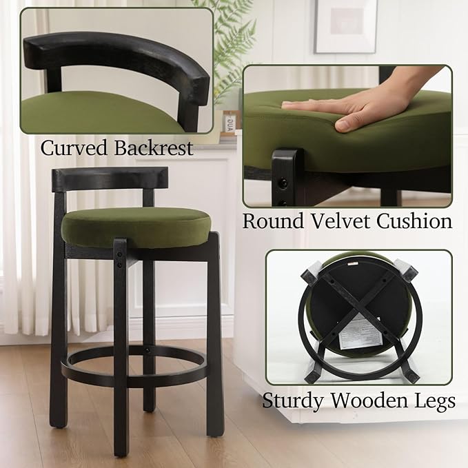 LukeAlon Mid Century Velvet Counter Stools Set of 4, Upholstered 26.5” Seat Height Low Barstools with Black Wood Legs Retro Modern Kitchen Stools with Footrest for Dining Room Bar Coffee Shop, Green