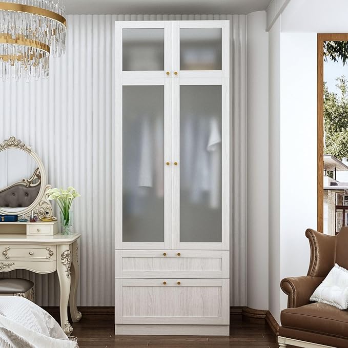 MOUMON 86.6" Wardrobe with Frosted Glass Doors & 2 Drawers, Armoire Closet with Hanging Rod, Top Storage, for Bedroom 31.5”W x 19.7”D x 86.6”H