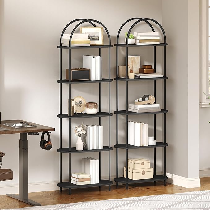 HOOBRO 5 Tier Open Bookshelf, Industrial Arched Bookcase Display Shelf Rack, Wooden Bookcase Storage Shelf Metal Frame, Tall Storage Organizer for Home, Easy Assembly, Black BB176SJ01