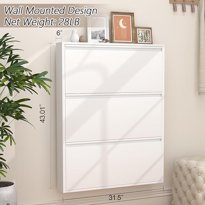 GREATMEET Slim Wall Mounted Metal Storage Cabinet with 3 Flip Drawers, Steel Hidden Shoe Cabinet Storage for Entryway, Modern Narrow Shoe Rack Organizer Cabinets for Entrance, Mudroom, Hallway, White