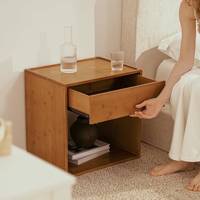 RECCI Solid Bamboo Nightstand, Sustainable Curved Classic Mid-Century Modern Wood Bedside Table with Soft-Close Drawer, Handle-Free Design, Open Shelf Storage, No Assembly Required (Walnut)