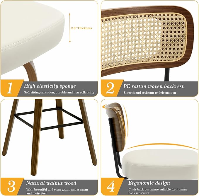 Bekrvio Swivel Bar Stools Set of 4, Upholstered Faux Leather Barstools with Rattan Back, 29" Seat Height Bar Chairs for Kitchen Island, Bentwood Wood Frame, Cream White