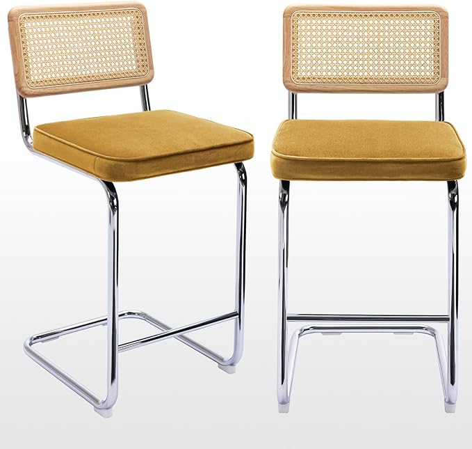 Zesthouse Natural Rattan Bar Stools Set of 2, 26'' Modern Boho Counter Height Bartools with Solid Wood Back, Mid Century Counter Stools with Velvet Cushion, Cane Back Island Chairs for Kitchen, Yellow