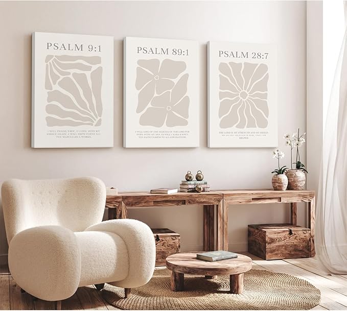 Scripture Christian Wall Art Set of 3 Beige Bible Verses Wall Decor Neutral Psalm Canvas Wall Art Modern Pictures Flower Prints Christian Artwork for Living Room Bedroom 16x24 Inch Ready to Hang