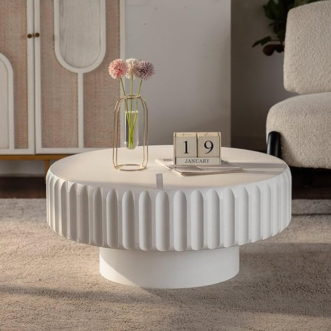 Round Coffee Table with Storage, Modern Wooden Coffee Tables Circle Center Pedestal Accent Tea Low for Living Room Apartment Small Space (31.5''L × 31.5''W × 14''H, Cream White)