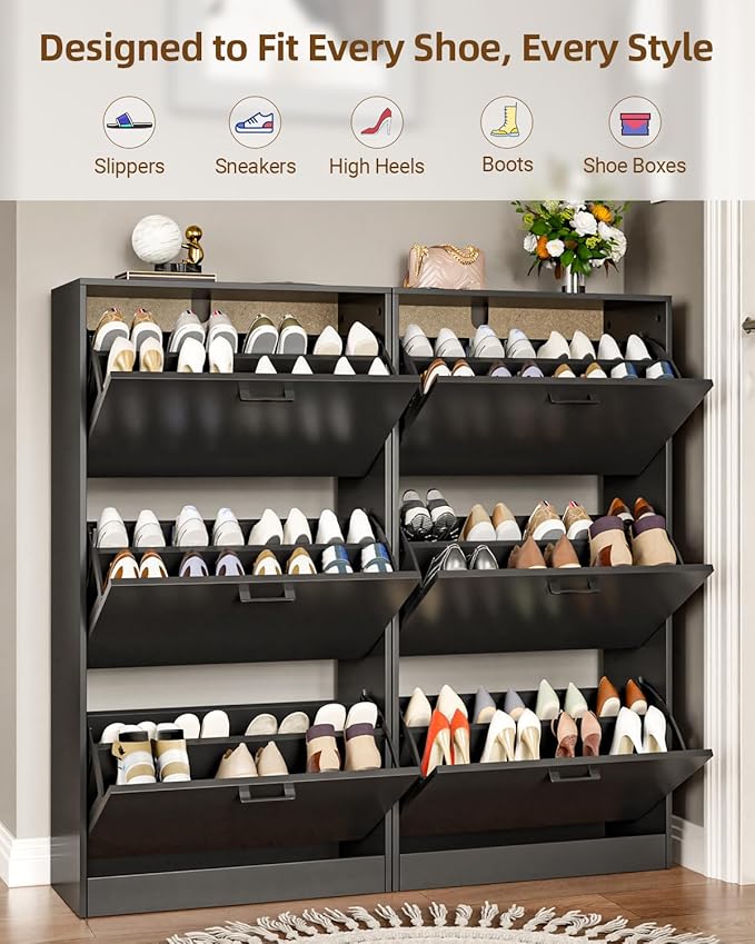 Shoe Cabinet with 3 Flip Drawers, Narrow Freestanding Shoe Organizer, Hidden Slim Shoe Storage Cabinet for Entryway, Hallway, Living Room, Black