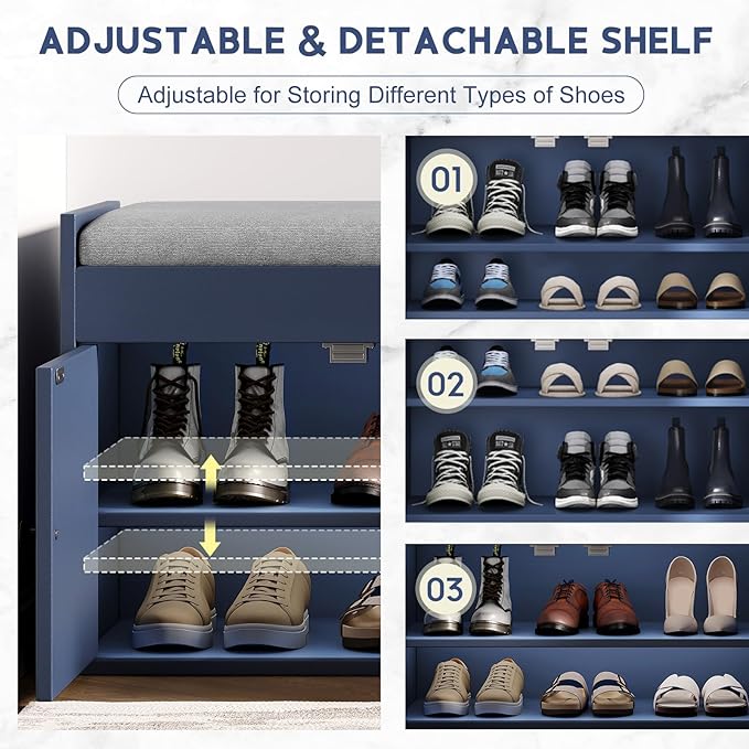 42.6" Storage Bench - Entryway Shoe Bench with Side Storage Shelves and 3 Doors, Multifunctional Entryway Bench with Lift Top Cushion, Shoe Storage Bench for Bedroom, Living Room, Blue