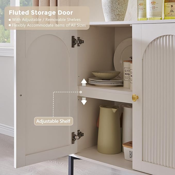 IFGET Modern Buffet Cabinet with Storage, 92.63" W Fluted Arched Sideboard Cabinet w/Adjustable Shelves, Wooden Modular Coffee Bar for Dining Room, Kitchen, Living Room, Entryway, White