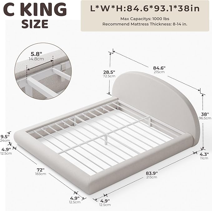 RECCI AirFrame Half-Moon Upholstered California King Platform Bed Frame, Velvet Curved Arched Base with Headboard, 5 Inch Fully Round Cushioned Foam, No Box Spring Needed, Easy Assembly | Round Shaped, Boucle, Low-profile, Soft
