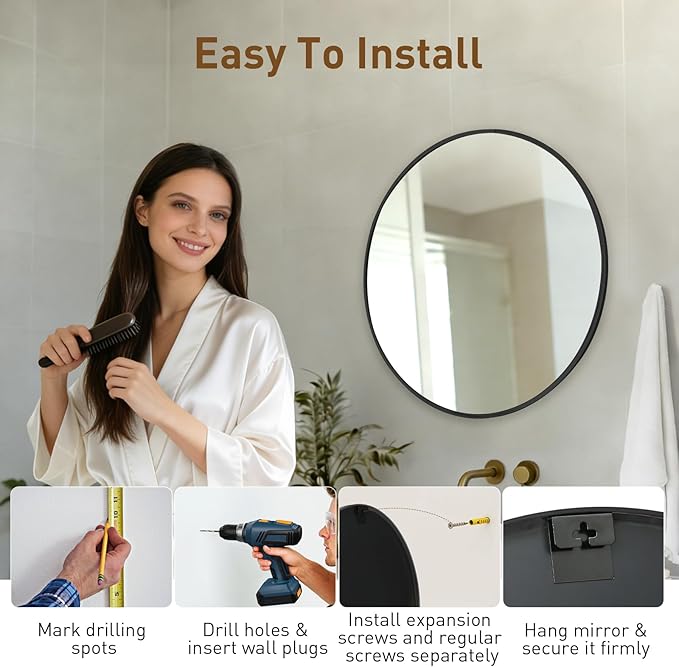 NEWBULIG 20 Inch Round Wall Mirror, Bathroom Mirror for Over Sink, Matte Metal Framed Circle Vanity Mirror, Wall Decor for Bedroom, Entryway, Anti-Rust, Tempered Glass, Hanging or Leaning, Black