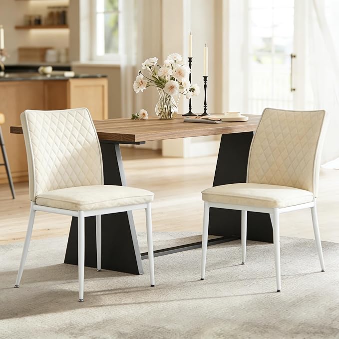 Dining Chairs Set of 2, Velvet Comfortable Seats, Mid-Century Modern Living Room Chairs, Upholstered Kitchen Chairs with Mental Legs and Padded Seat, Easy Assembly, Beige