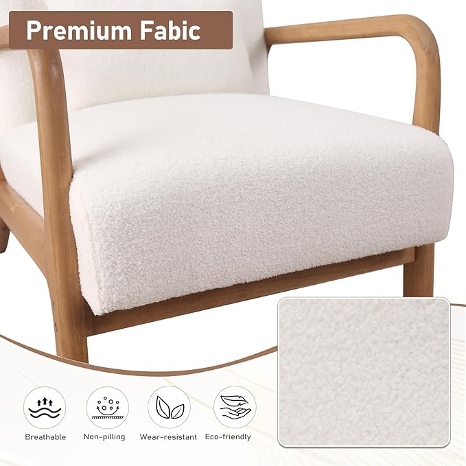 ANJ Mid Century Modern Accent Chair Set of 2, Single Boucle Lounge Reading Armchair with Solid Wood Frame, Easy Assembly Arm Chairs for Living Room, White